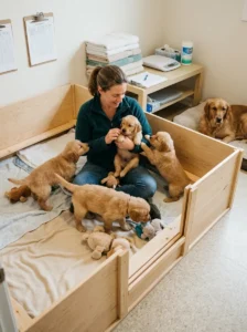 Responsible breeder caring for healthy puppies.