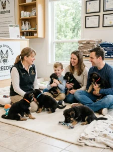 Family meeting German Shepherd puppies from a responsible breeder.
