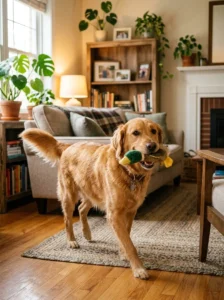 Golden Retriever mix happily carrying a toy inside the home.
