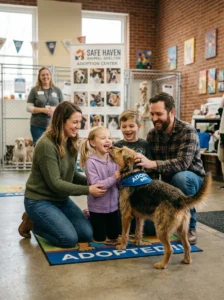 Family adopting a mixed-breed rescue dog.