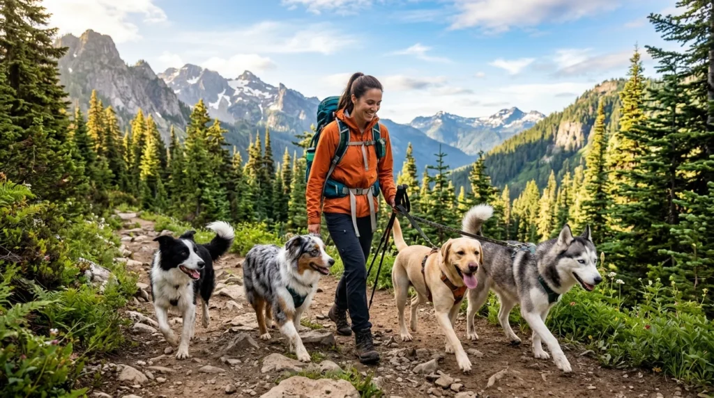 Active owner hiking with energetic dog breeds on a mountain trail.