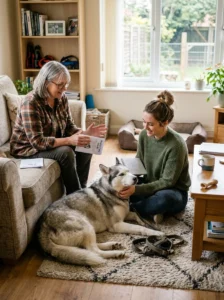 Prospective first-time owner learning about Huskies.