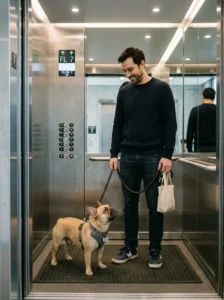French Bulldog using an apartment elevator with its owner.