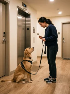 Apartment dog learning leash manners in a hallway.