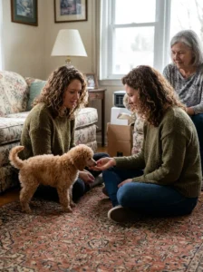 Potential owner spending time with a Poodle before adoption.