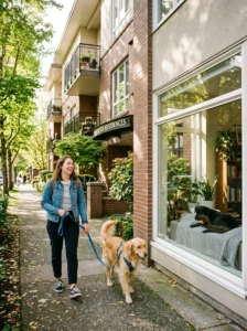 Dog owner providing daily exercise for an apartment dog.