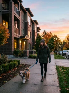 Morning walk with a quiet apartment dog.