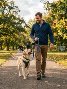 Confident first-time owner walking a trained dog.
