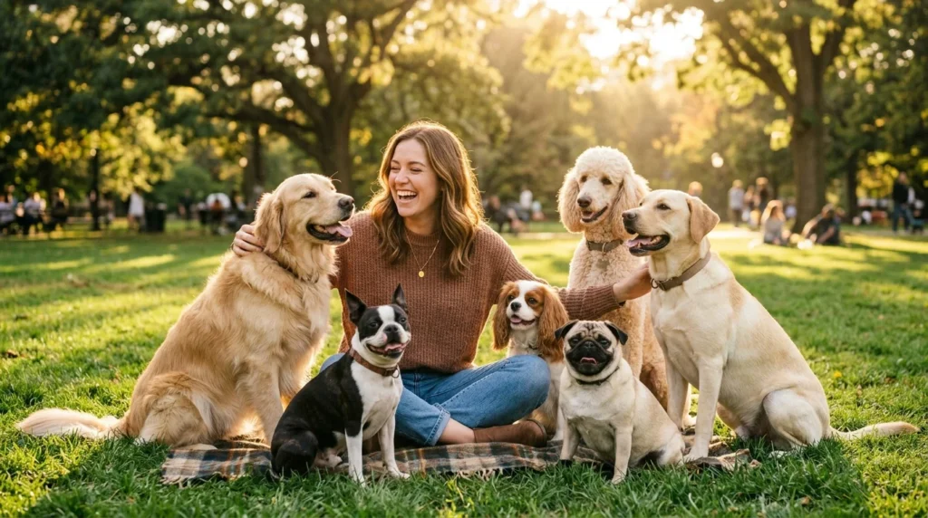 Popular beginner-friendly dog breeds sitting with a first-time dog owner in a park.