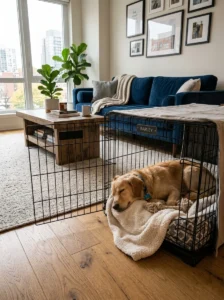 Dog resting comfortably inside a crate in an apartment.