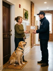 Well-trained apartment dog greeting a delivery visitor calmly.