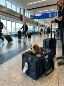 Small dog inside a travel carrier.