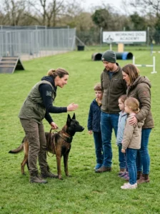 Professional dog trainer helping a family meet a working breed dog.