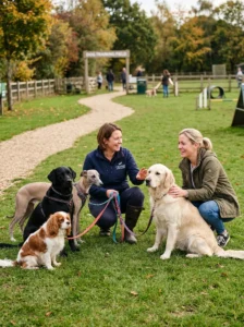 Dog trainer helping a first-time owner choose a beginner-friendly breed.