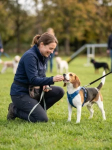 Beagle learning obedience through positive reinforcement.