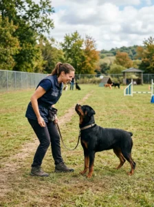Rottweiler practicing obedience training.
