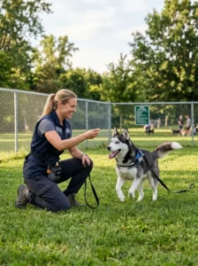 Siberian Husky learning obedience training.