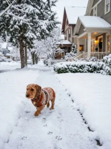 Small dog wearing a sweater during winter.