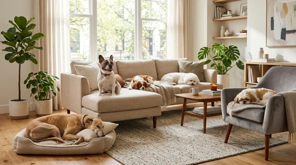 Apartment-friendly dog breeds relaxing comfortably inside a modern apartment.