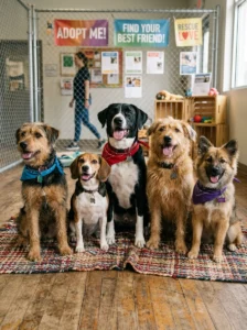 Different mixed-breed dogs waiting for adoption.