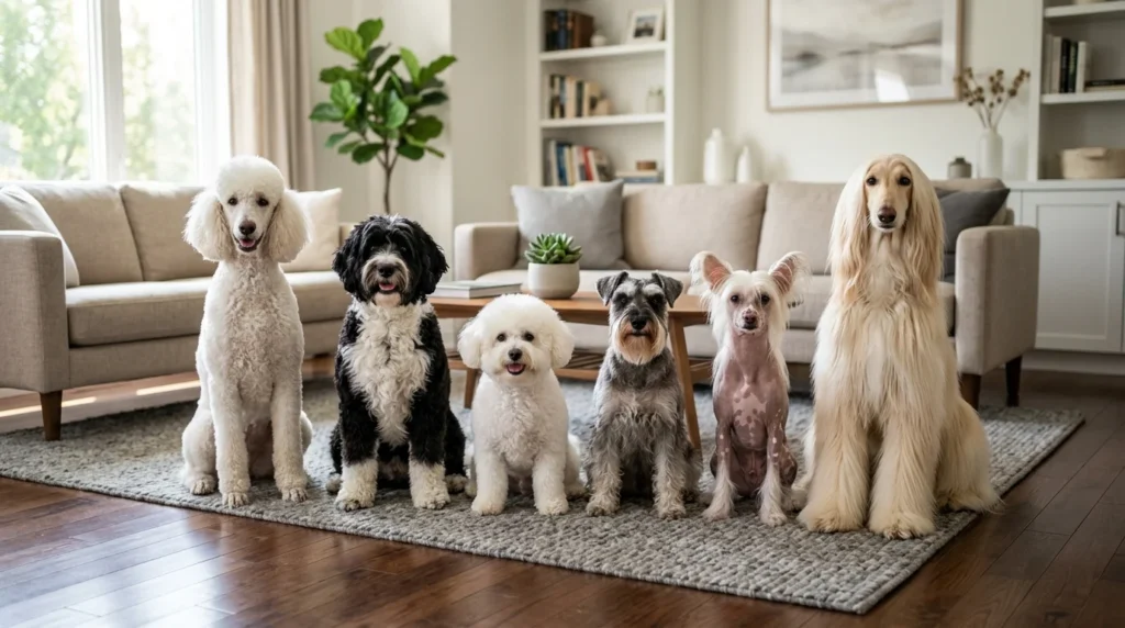 Popular hypoallergenic dog breeds sitting together inside a clean modern home.
