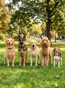 Popular purebred dog breeds standing together.