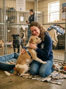 Person connecting emotionally with a rescue dog.