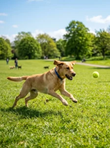 Labrador Retriever enjoying daily exercise outdoors.