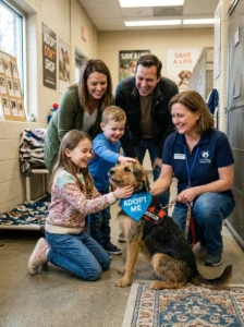 Family meeting a rescue dog before adoption.