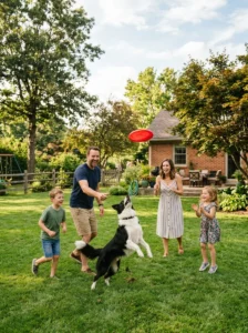 Family enjoying outdoor playtime with their Border Collie.