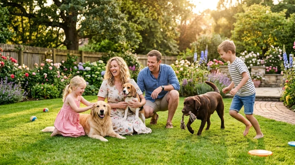 Friendly family dogs playing safely with young children in a sunny backyard.