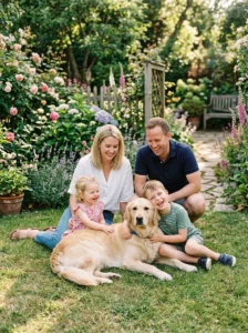 Family dog interacting safely with children of different ages.