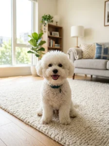 White Bichon Frise sitting inside a modern home.