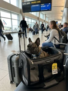 French Bulldog inside a travel carrier ready for safe travel.