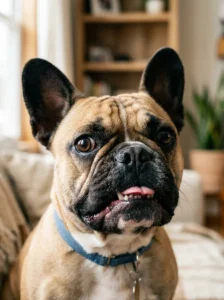 Expressive French Bulldog making a playful facial expression.