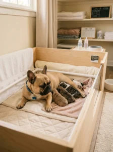 French Bulldog mother caring for her newborn puppies.