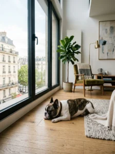 French Bulldog relaxing in a modern apartment.