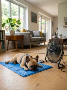 French Bulldog staying cool indoors during hot weather.