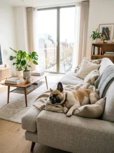 French Bulldog relaxing comfortably in an apartment.