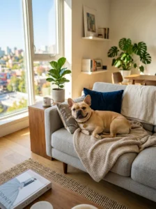 French Bulldog relaxing comfortably inside an apartment.