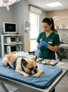 French Bulldog receiving professional veterinary care before anesthesia.