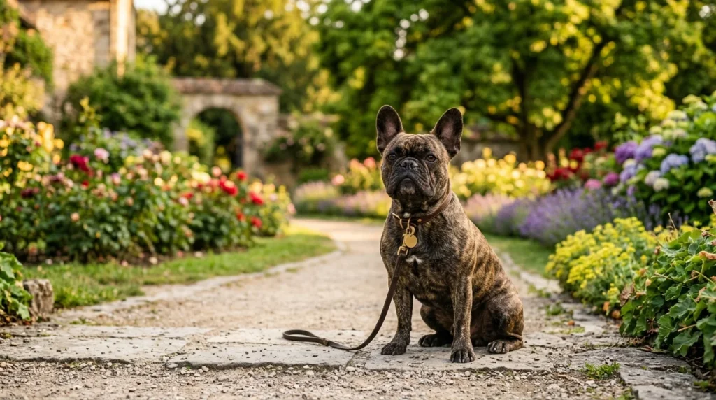 Healthy adult French Bulldog sitting in a park during golden hour.