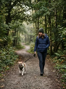 French Bulldog taking a short daily walk in cool weather.