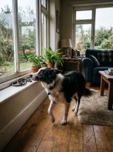 Restless Border Collie waiting indoors without enough stimulation.