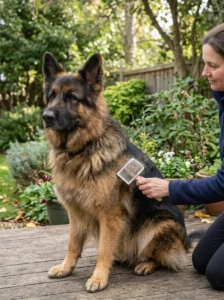 Brushing a German Shepherd to maintain its healthy coat.