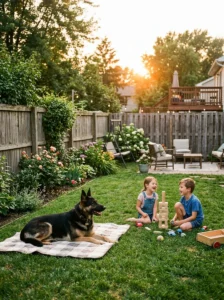 German Shepherd spending time safely with children.