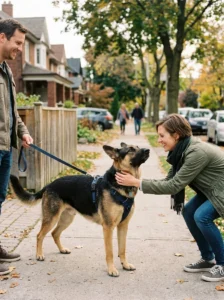 Friendly German Shepherd meeting a stranger calmly.