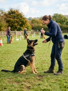 German Shepherd receiving obedience training outdoors.
