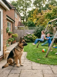 Protective family dog watching over the home.