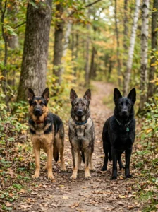Different coat varieties of German Shepherd dogs.
